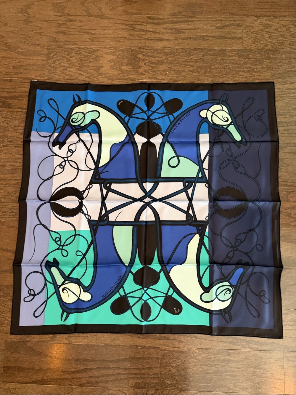 NWT Hermes Graphic Equine Print Silk Scarf in Blue, Teal & Black